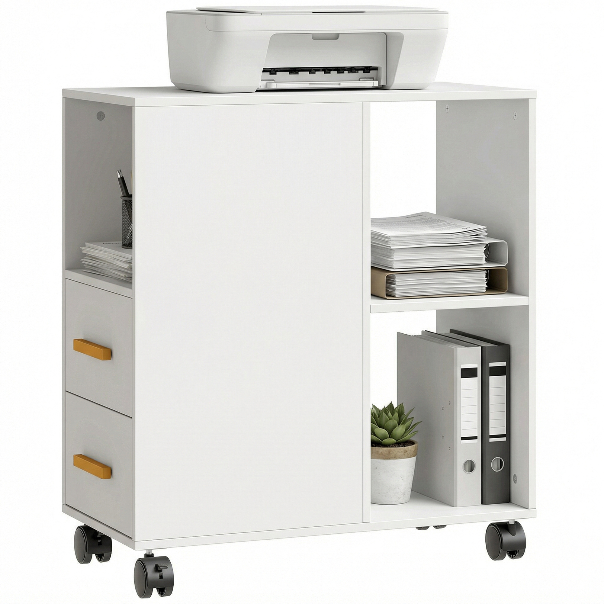 Druckerschrank Mit 60 Cm Tischplatte, 2 Schubladen, 3 Offene Fächer, Verstellbares Regal, Homaire, 60x30x65 Cm - Weiß