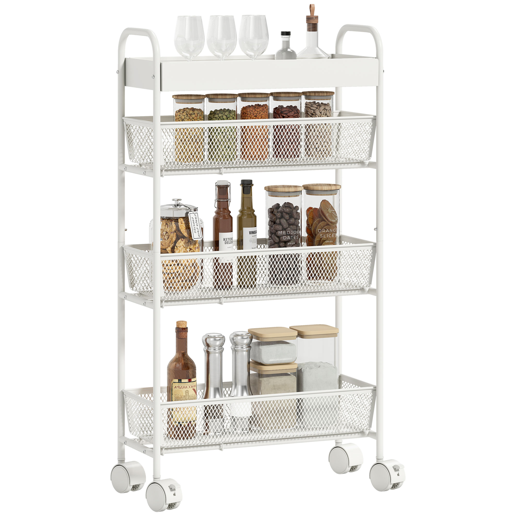Servierwagen Mit Drei Körben Und Tablett, Metall, Homaire, Maße 43,2l X 19b X 80h Cm - Weiß
