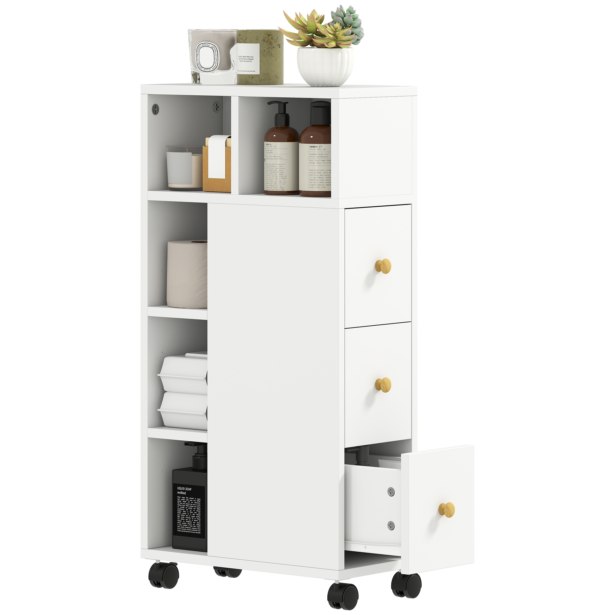 Badezimmerschrank Mit 3 Schubladen Und 5 Offenen Fächern Aus Spanplatte, Homaire, 40x20x80 Cm - Weiß