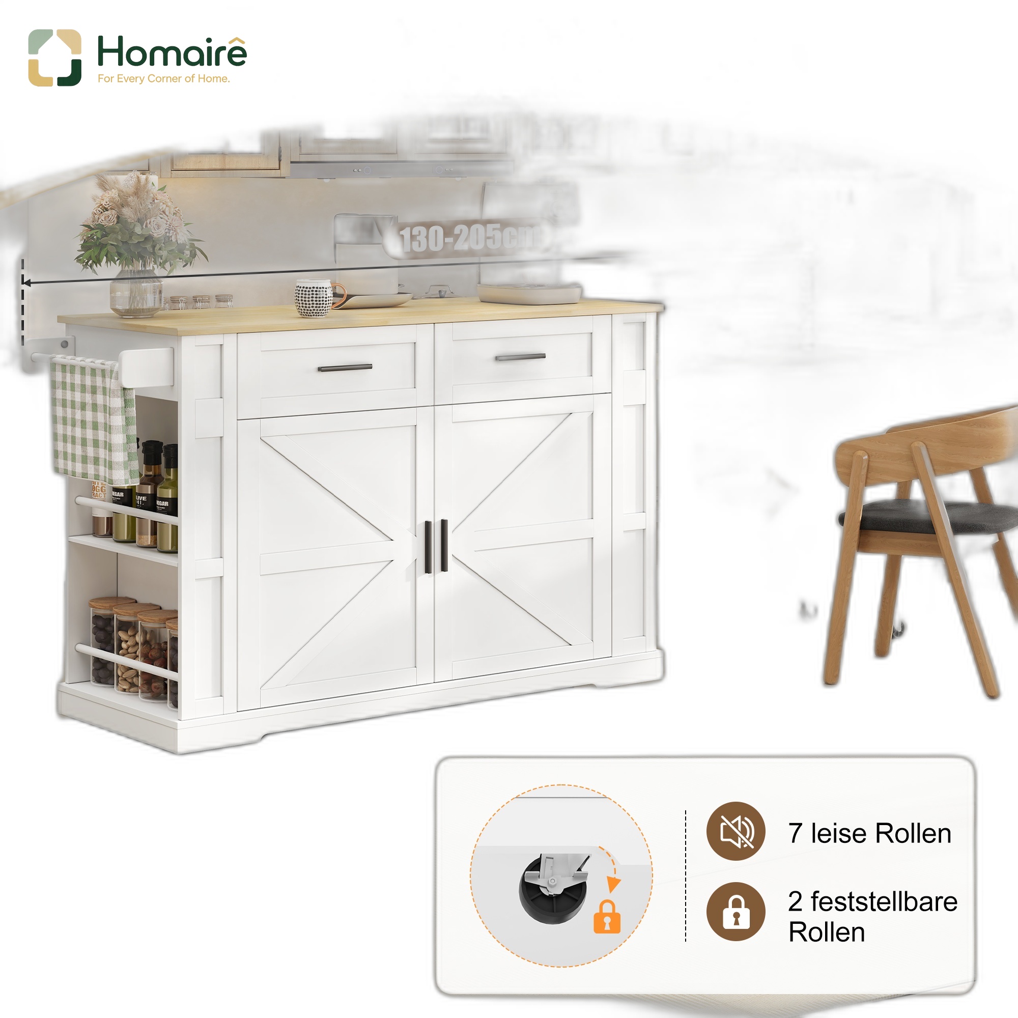 Küchenwagen Aus Mdf Weiß Mit Stauraum Und Usb-anschluss 130 X 50 X 93 Cm Homaire