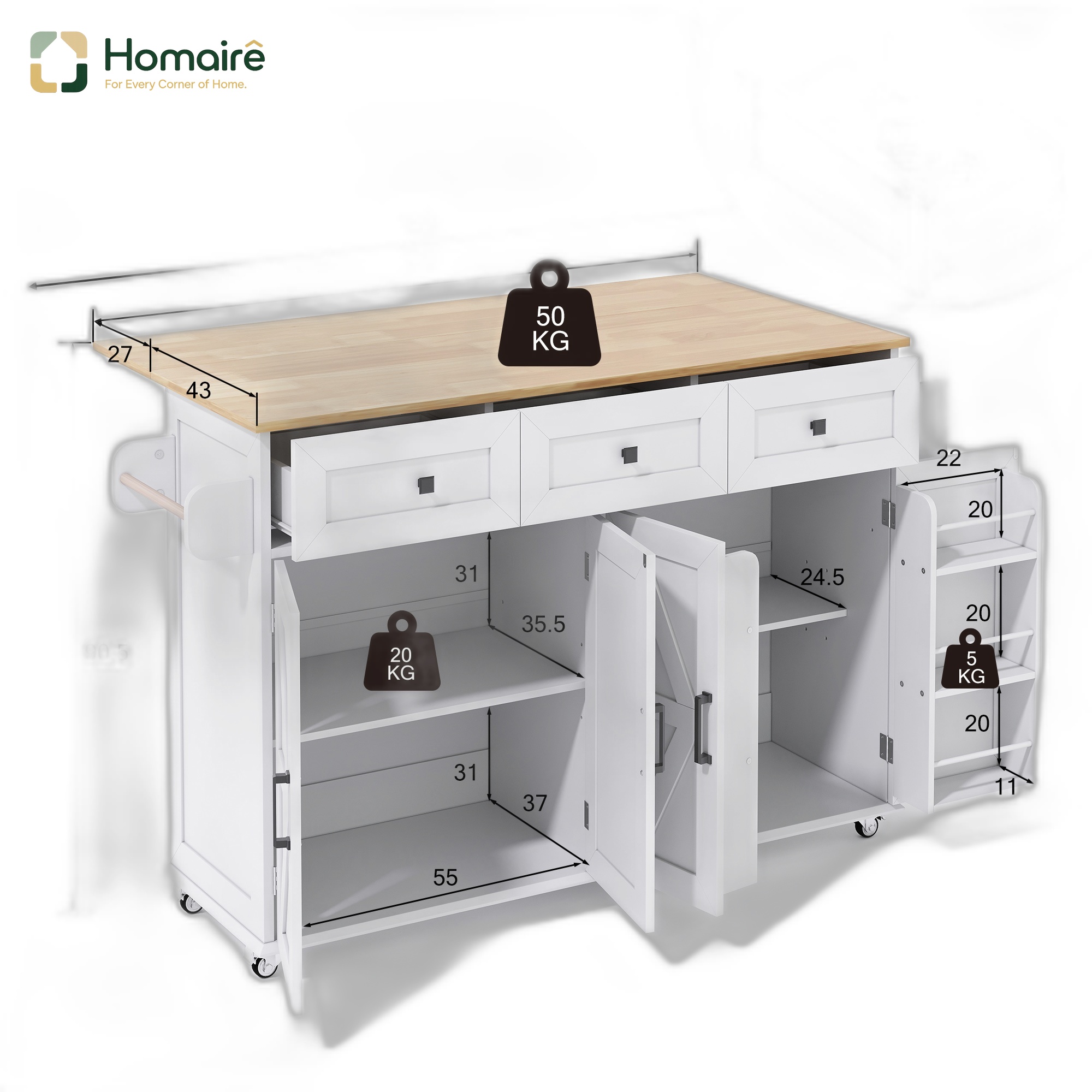 Küchenwagen Aus Mdf Weiß 140 X 70 X 93 Cm Homaire