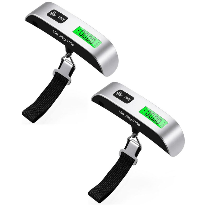 Zwei Elektronische Gepäckwaagen. Tragbare Reisekofferwaage. Temperaturmessfunktion. Tara-funktion. Maximale Tragkraft: 50 Kg.