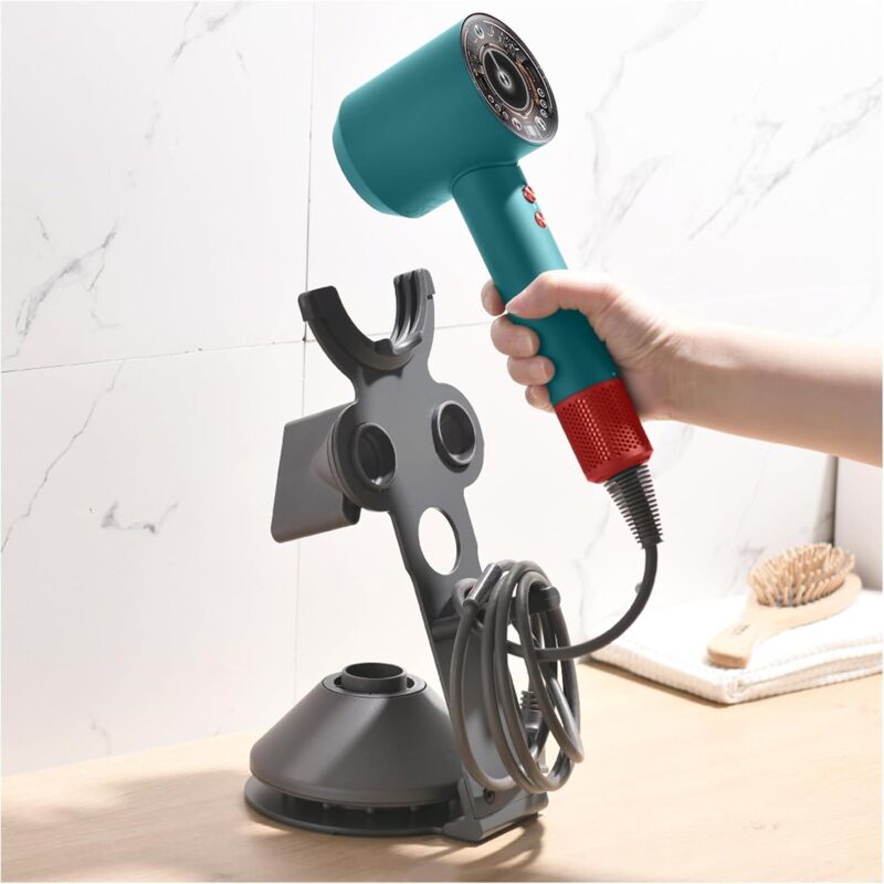 Haartrocknerhalterung Aus Aluminiumlegierung, Kompatibel Mit Dyson. Haartrocknerständer Mit Kabelaufwicklung. Geeignet Für 5 Aufsätze.