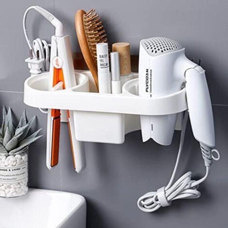 Wandmontierter Haartrocknerhalter. Selbstklebend, Kein Bohren Erforderlich. Multifunktionale Badezimmeraufbewahrung Mit Schlaufe. Bietet Platz Für Haartrockner, Zahnbürste, Kosmetikartikel Und Lockens