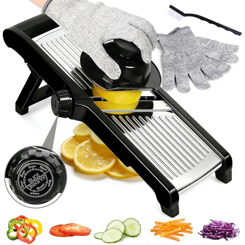 Küche. Multifunktionaler Gemüseschneider. Verstellbare Edelstahl-mandoline Mit Handschutz Und Schutzhandschuhen. Gemüseschneider Für Obst Und Gemüse.