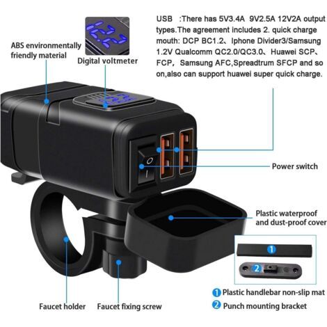 Wasserdichtes Dual-usb-schnellladegerät Für Motorräder, Netzteil, Voltmeter Und Ein-/ausschalter Für Handy, Gps Und Tablet