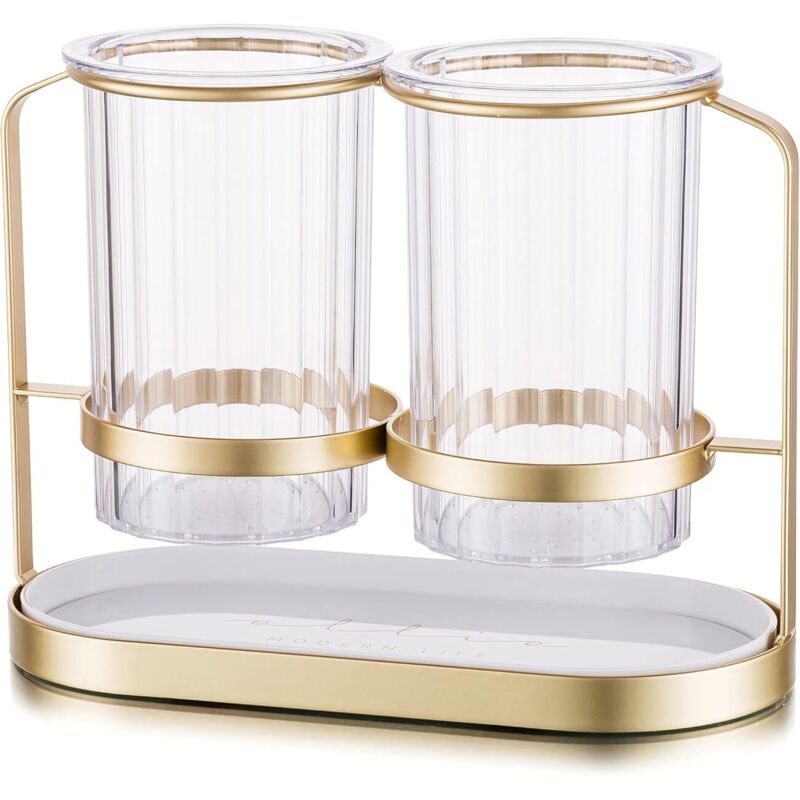 Küchenutensilienhalter Für Die Arbeitsplatte. Mit Goldfarbenem Eisenrahmen. Schicker Und Moderner Besteckkorb Für Gabel, Löffel, Pfannenwender Und Küchenmesser.