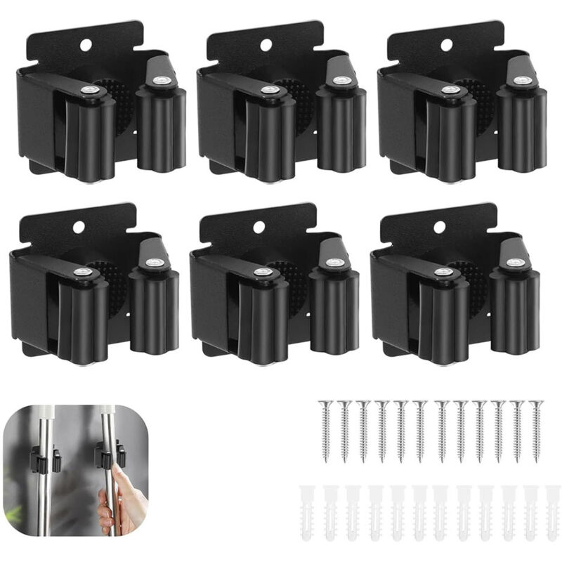 Wandmontierter Besenhalter. 6-teiliger Wandmontierter Besenhalter. Wandmontierter Besenhalter. Wandmontierter Besenclip. Mopphalter Für Bad, Küche, Büro, Kleiderschrank, Garten, Garage (schwarz)