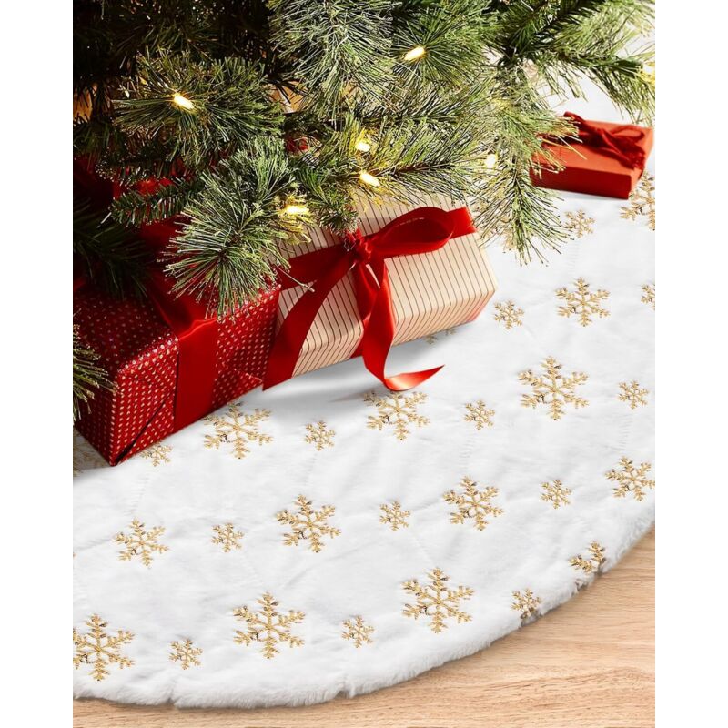 48 Zoll/120 Weihnachtsbaumrock Für Weihnachtsbaum- Und Partydekorationen, Weiß, Plüsch, Goldene Pailletten, Schneeflocke