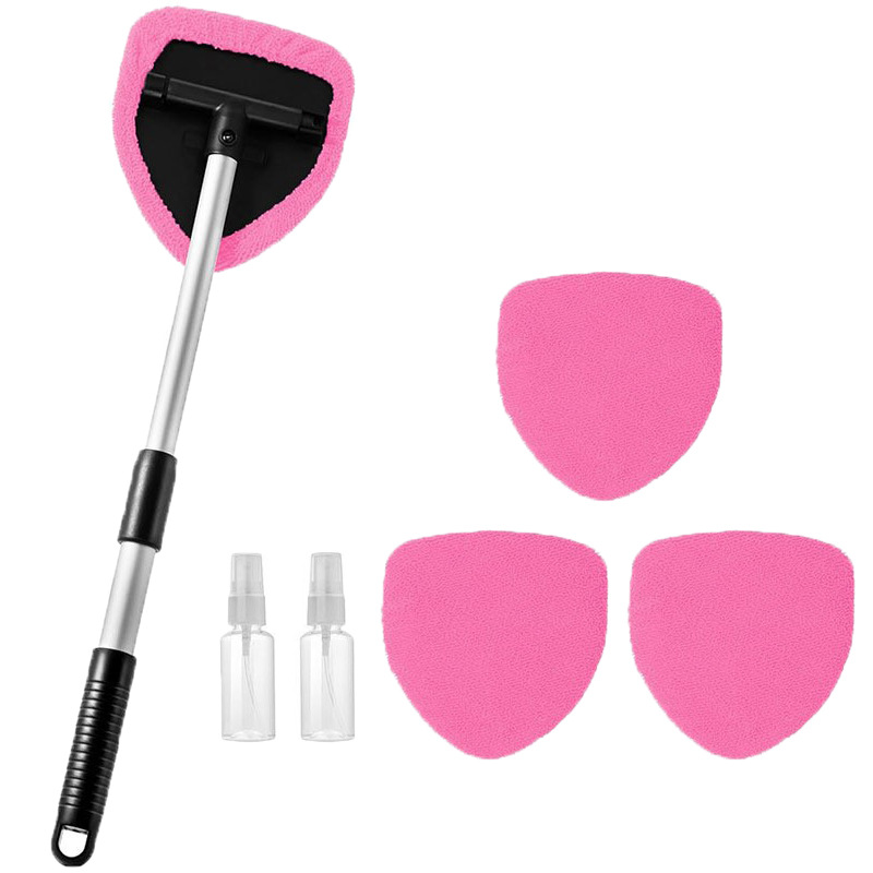 Fünfeckige, Teleskopierbare Windschutzscheibenreinigungsbürste, Inklusive 4 Rosa Stoffbezügen + 2 Sprühflaschen, Autofensterentfroster Und Reinigungswerkzeugen.