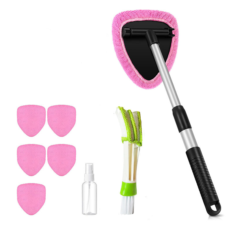 Fünfeckige Teleskop-windschutzscheibenreinigungsbürste, 6 Rosa Stoffbezüge + Sprühflasche + Detailbürste, Autoglas-reinigungsset