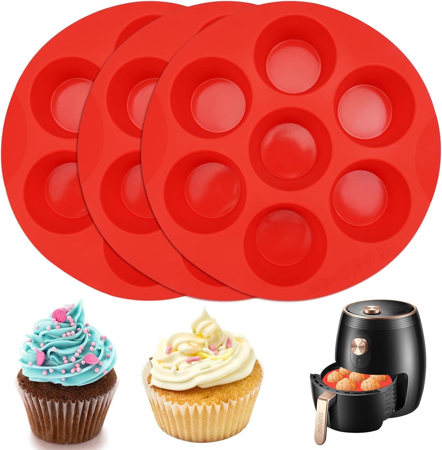 Muffinform Für Die Heißluftfritteuse, 3-teilig, Silikon, Antihaftbeschichtet, 7 Mulden Mini-silikonform Für Kuchen, Muffins, Desserts Und Gebäck