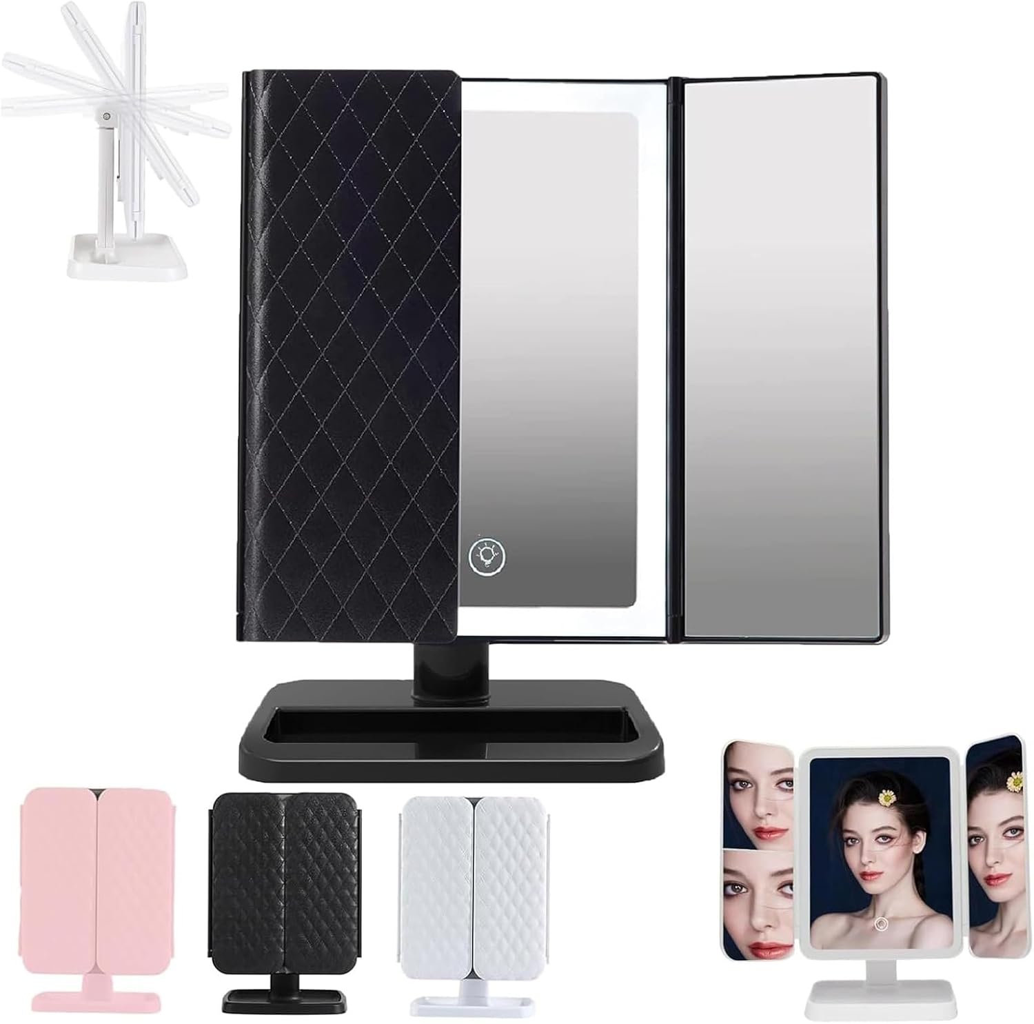 Dreiteiliger Spiegel, Dreiteiliger Led-schminkspiegel, Intelligenter Schminkspiegel, 180° Drehbar, Beleuchteter Schminkspiegel Mit Licht Und Vergrößerung (schwarz)