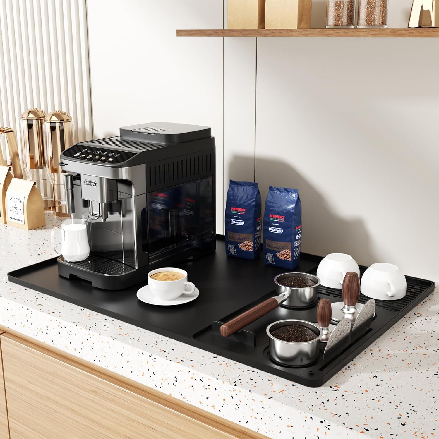 Silikon-kaffeematte 61 X 40,6 Cm – Barmatte Mit Abnehmbarer Trockenmatte Und Integriertem Staufach – Auslaufsicher, Hitzebeständig, Rutschfest – Passt Unter Eine Kaffeemaschine