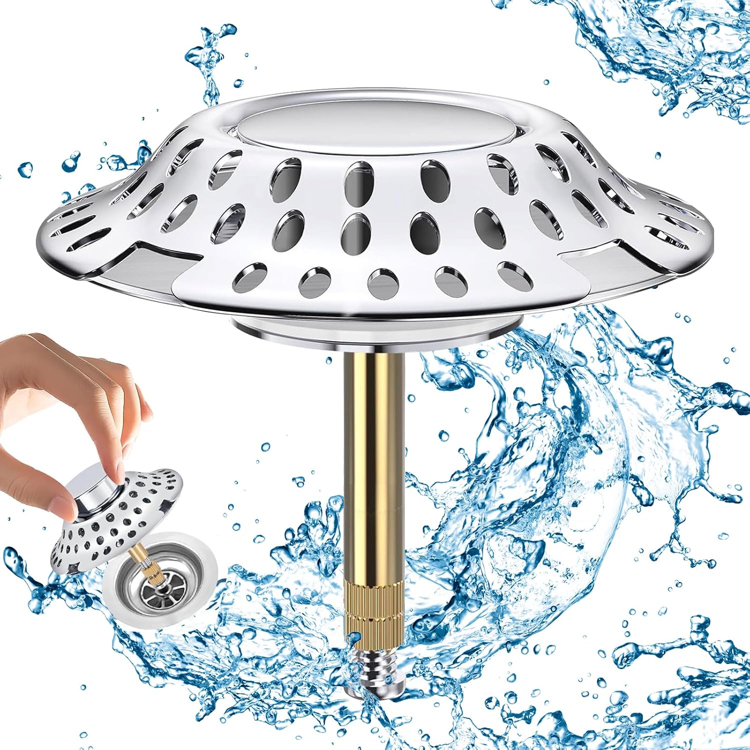 2-in-1-badewannenstöpsel Aus Edelstahl Mit Haarfilter, Höhenverstellbarer Ablauf (72 Mm), Verchromter Messing-ablaufsieb, Abflussöffnung 36–44 Mm