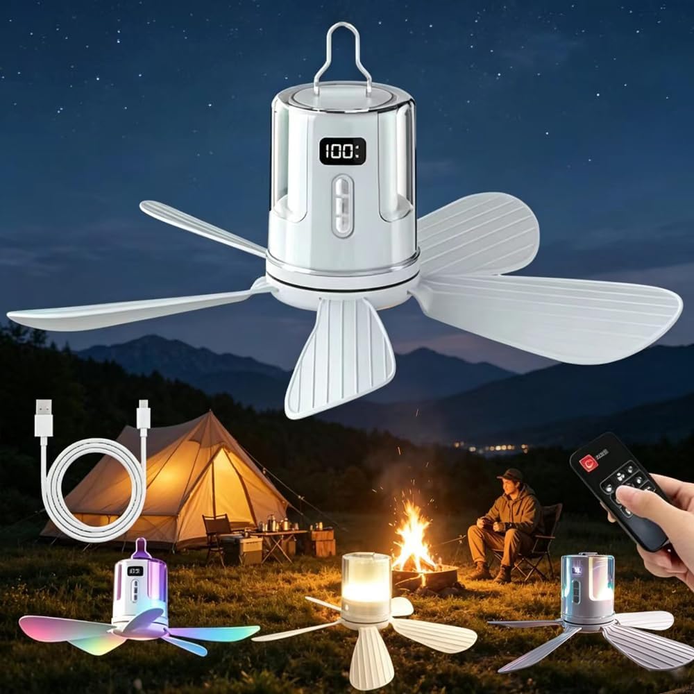Tragbarer Campingventilator Mit Led, Leiser Deckenventilator Mit Fernbedienung Und Timer, Usb-wiederaufladbarer Deckenventilator Für Campingzelte [energieklasse C]