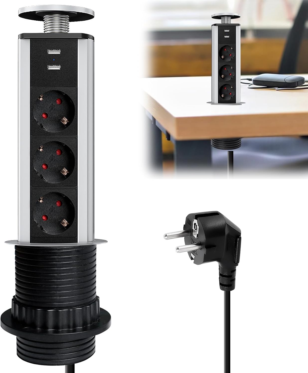 Ausziehbare Steckdosenleiste Mit 3 Schuko-steckdosen – 2 X 5v Usb-anschlüsse – 34 Cm Lang – Einfache, Werkzeuglose Montage – Für Büro- Und Küchenmöbel