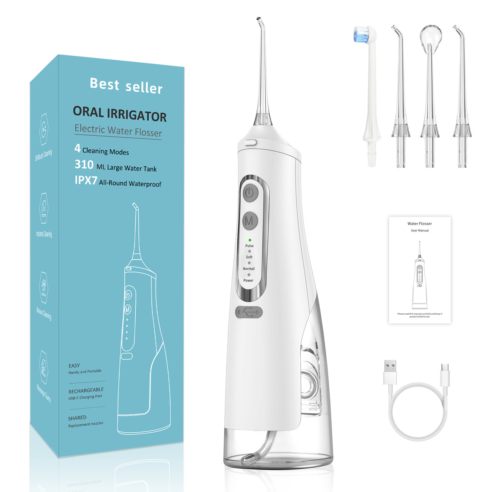 Tragbarer Mundduschen-reiniger (4 Modi), Professionelles Mundduschegerät (310 Ml Tank) – Ipx7 Wasserdicht, Wiederaufladbar, Ideal Für Reisen – Weiß