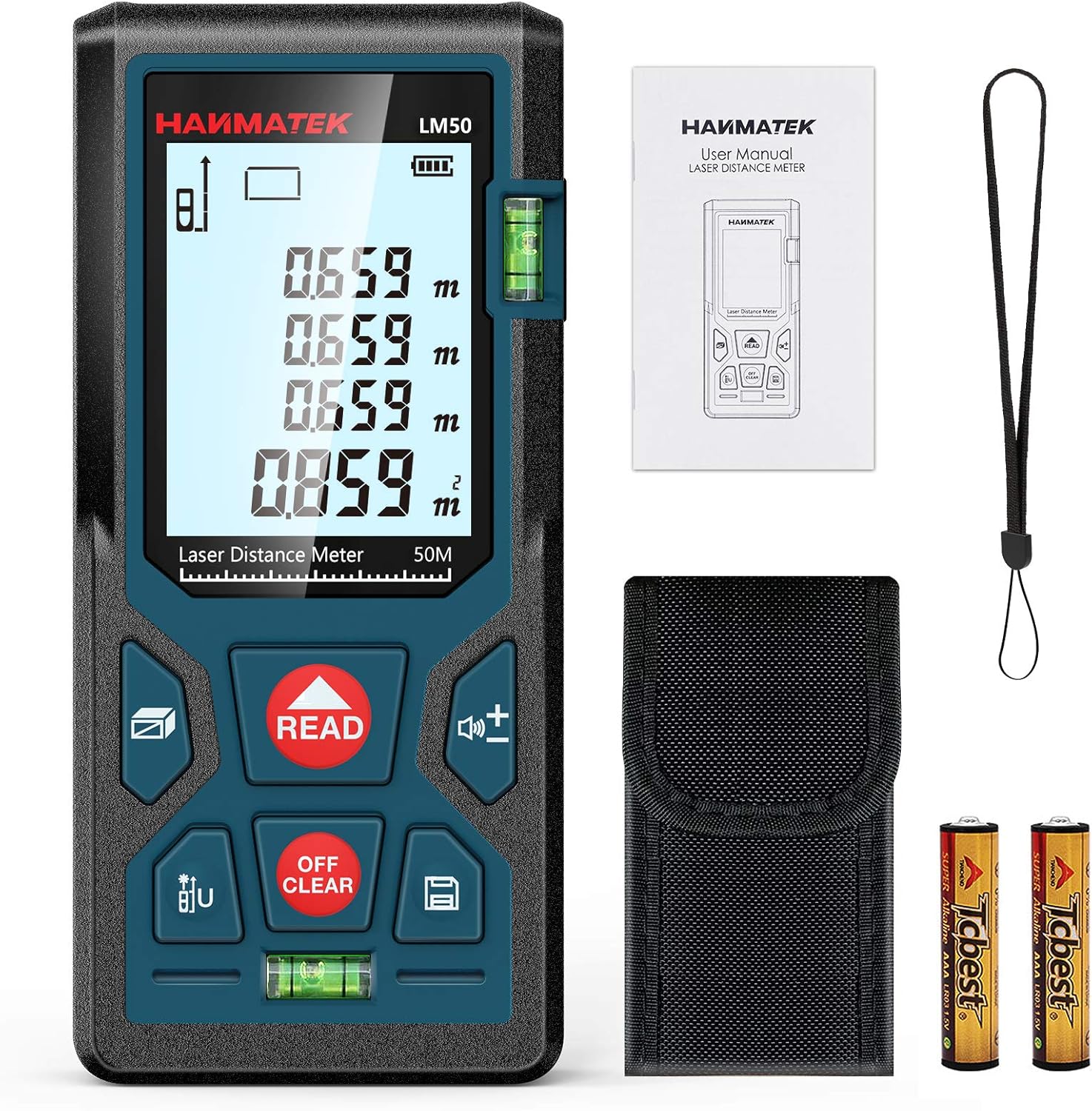 Hanmatek Lm50 Digitaler Laser-entfernungsmesser (50 M Reichweite) – Misst Entfernung, Fläche Und Volumen Und Berechnet Mithilfe Des Satzes Des Pythagoras – Hintergrundbeleuchtetes Lcd-display, Schutza