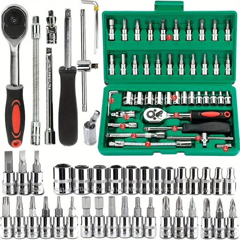 46-teiliges Haushaltswerkzeugset 1/4"-reparaturwerkzeugset Kfz-reparaturset Steckschlüssel- Und Bit-set Mit Haltern Innensechskantschlüssel (inbus)