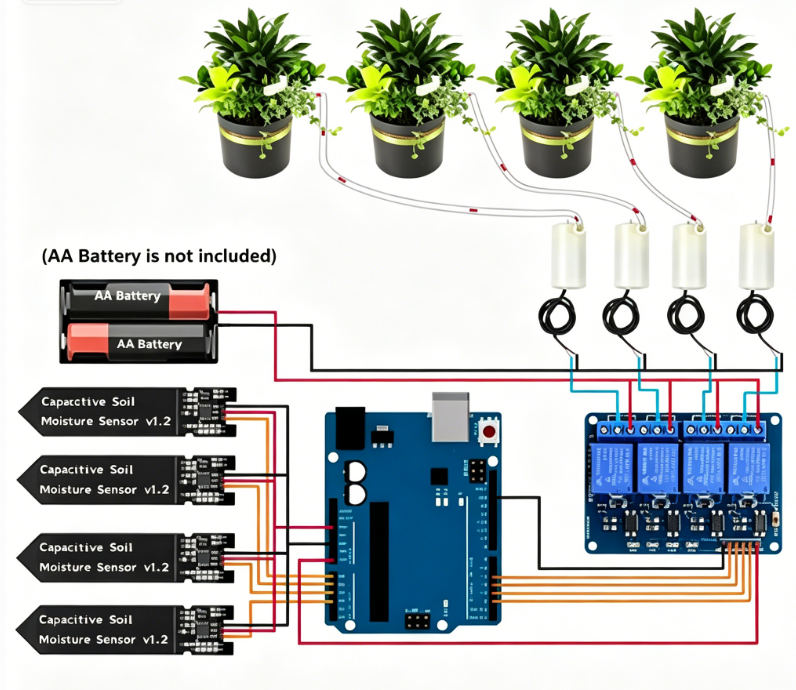 Verbessertes Automatisches Bewässerungsset Für Gartenpflanzen: Entwicklungsplatine + 4 Bodenfeuchtigkeitssensoren + 4-kanal-relais + 4 Wasserpumpen + 5 Meter Vinylschlauch + Kabel