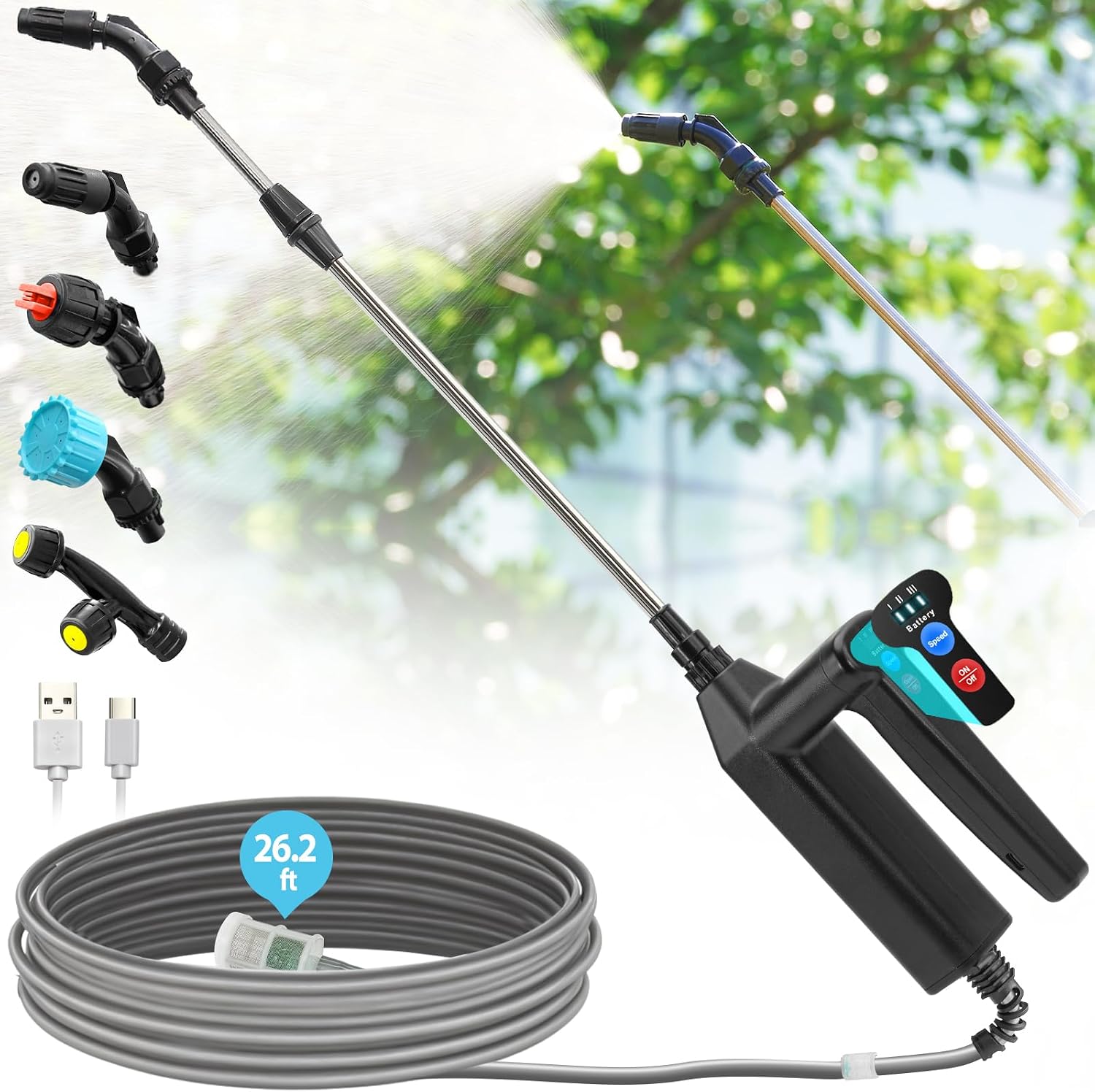 43 Zoll Lange Verlängerungslanze Für Wiederaufladbare Gartenspritzen – 3 Einstellbare Einstellungen Mit Batteriestandsanzeige Und 26,2 Fuß Langem Schlauch Inklusive 4 Verstellbarer Düsen Und Einem Fil