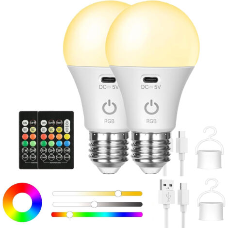 Wiederaufladbare Led-lampe Mit Fernbedienung, Kabellose E27-farblampe, Usb-c-akku-rgb-lampe Mit Haken, Für Den Innen- Und Außenbereich (2 Stück)
