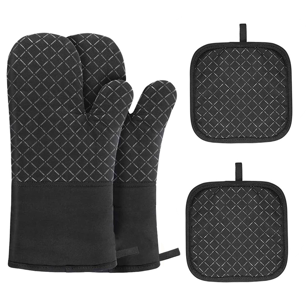 Set Mit 4 Ofenhandschuhen, Küchenhandschuhen, Silikon- Und Baumwollhandschuhen Und Topflappen, 30 X 18 X 3,5 Cm