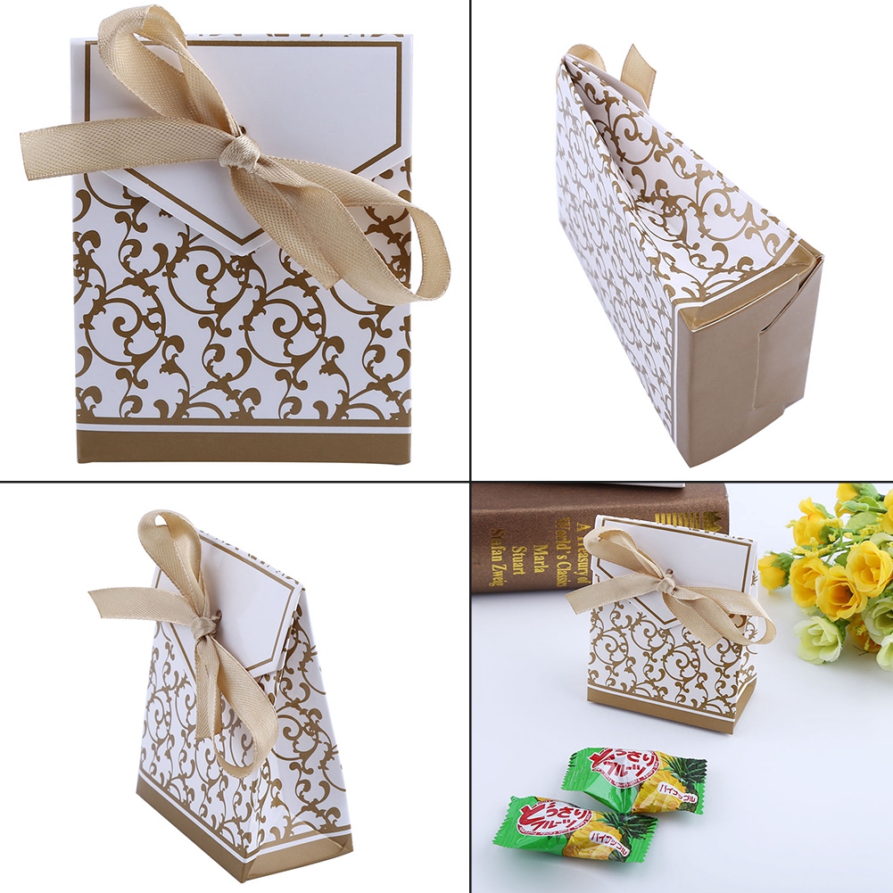 10 Stück Süße Geschenktüten Mit Schleife Für Hochzeitsfeiern, Bonbonpapierboxen, Goldfarben