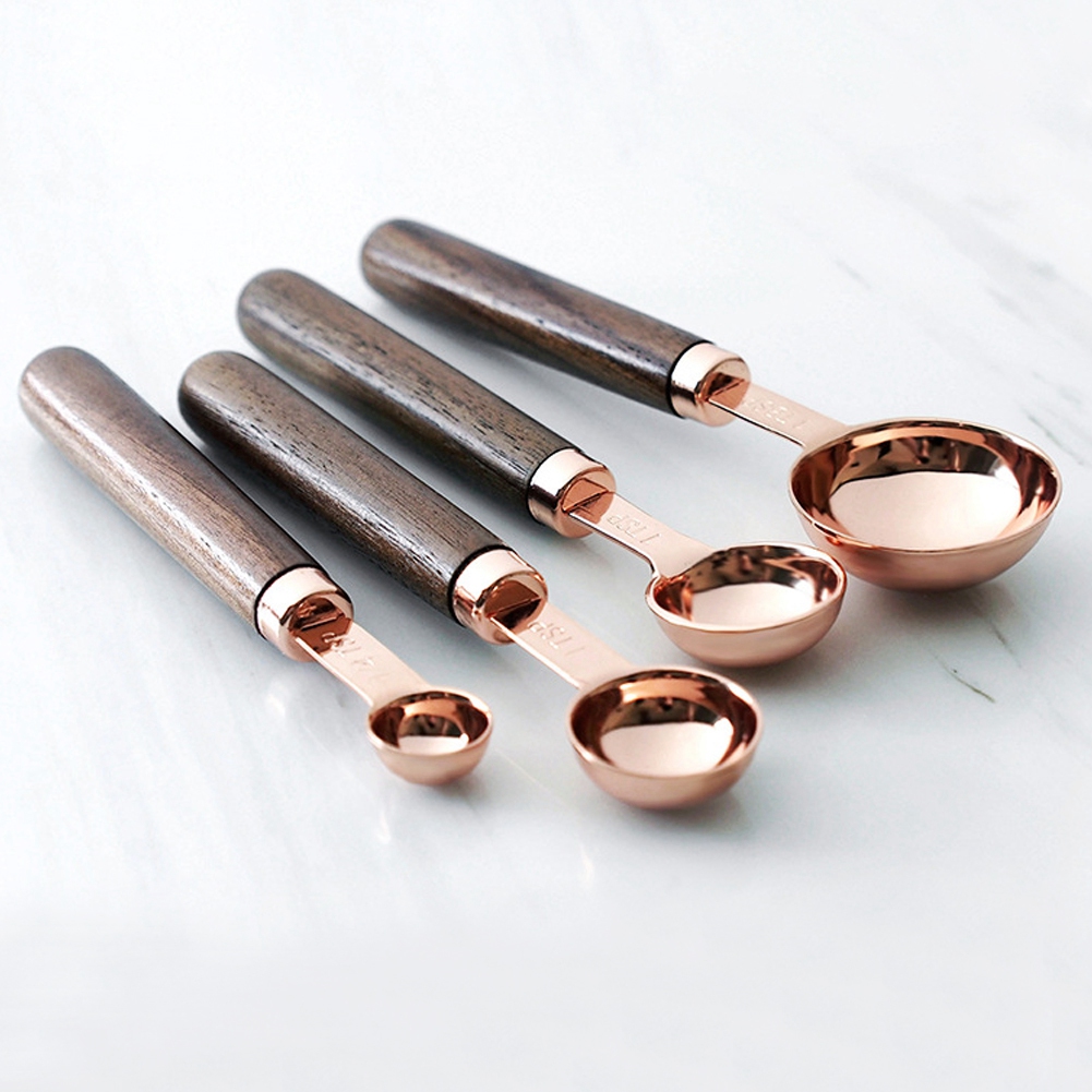 4-teiliges Messlöffel-set Aus Edelstahl, Roségoldfarben, Mit Holzgriff, Backformen