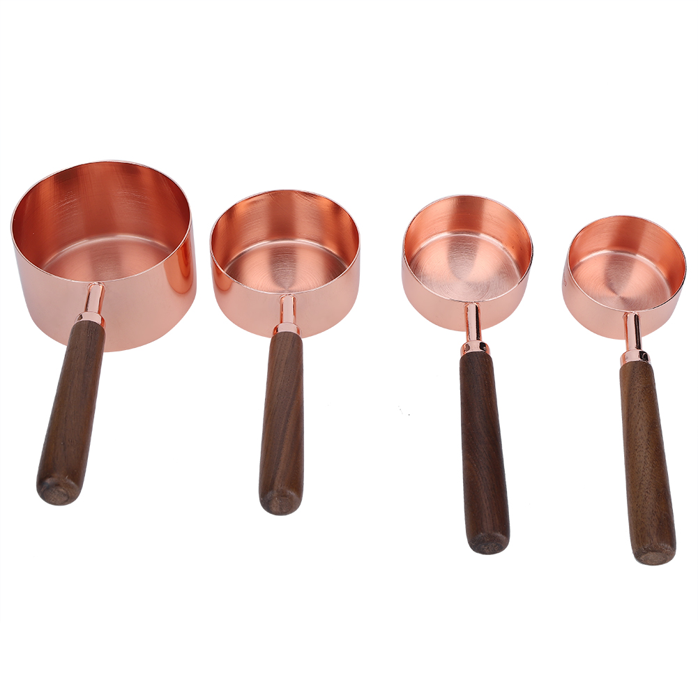 4-teiliges Set Messbecher Und -löffel In Roségold Mit Skala Und Verdicktem Holzgriff – Ideal Zum Backen