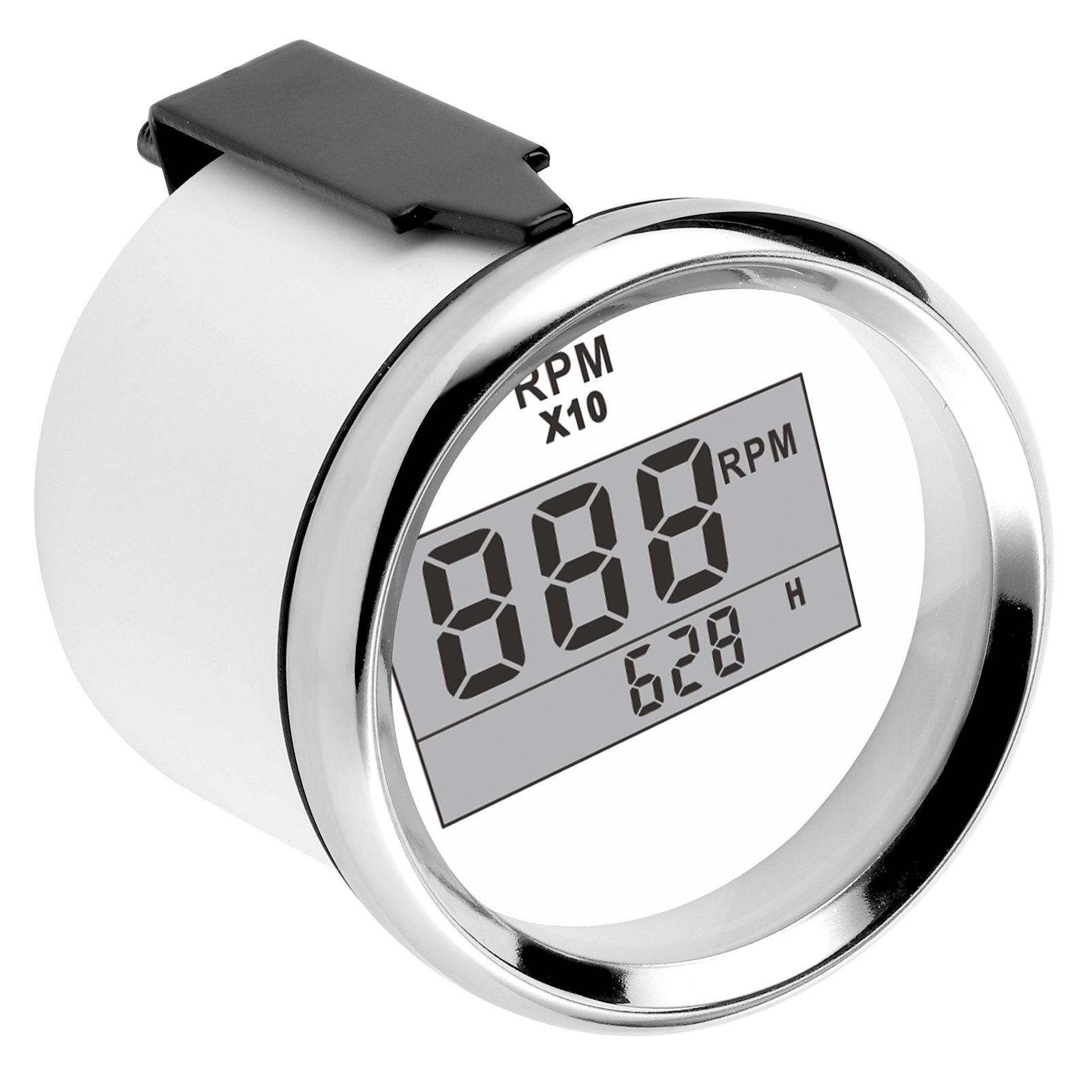 Drehzahlmesser (0–9990 U/min), Ip67 Wasserdicht, Rote Hintergrundbeleuchtung, 52 Mm/2 Zoll Lcd-display, 9–32 V, Weißes Zifferblatt, Silberne Abdeckung
