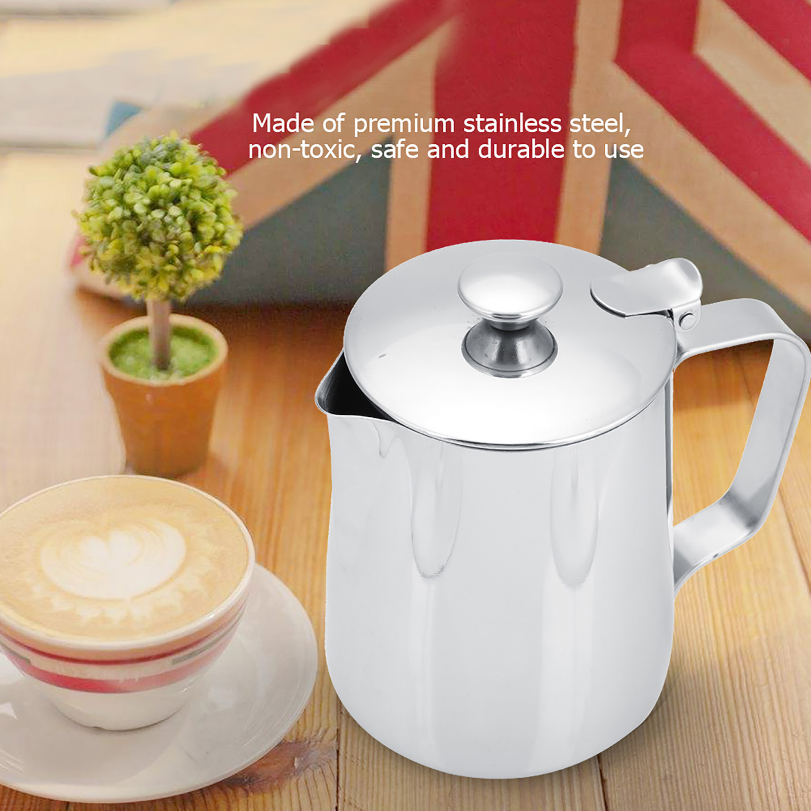 Kaffeetasse Aus Edelstahl, Milchkännchen Mit Deckel Für Latte Macchiato Und Kaffeekunst (350 Ml)