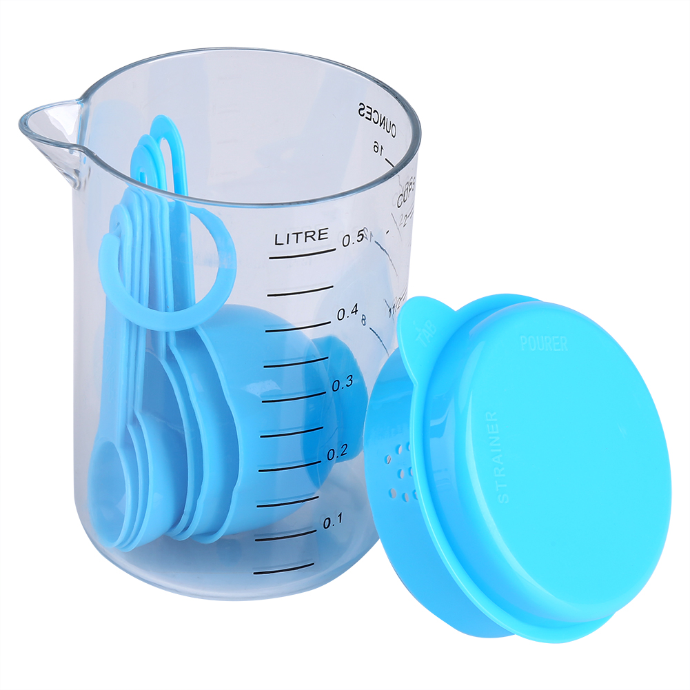 7-teiliges Set Messbecher Und -löffel Aus Kunststoff Zum Abmessen Von Tee, Kaffee Und Anderen Getränken, Blau
