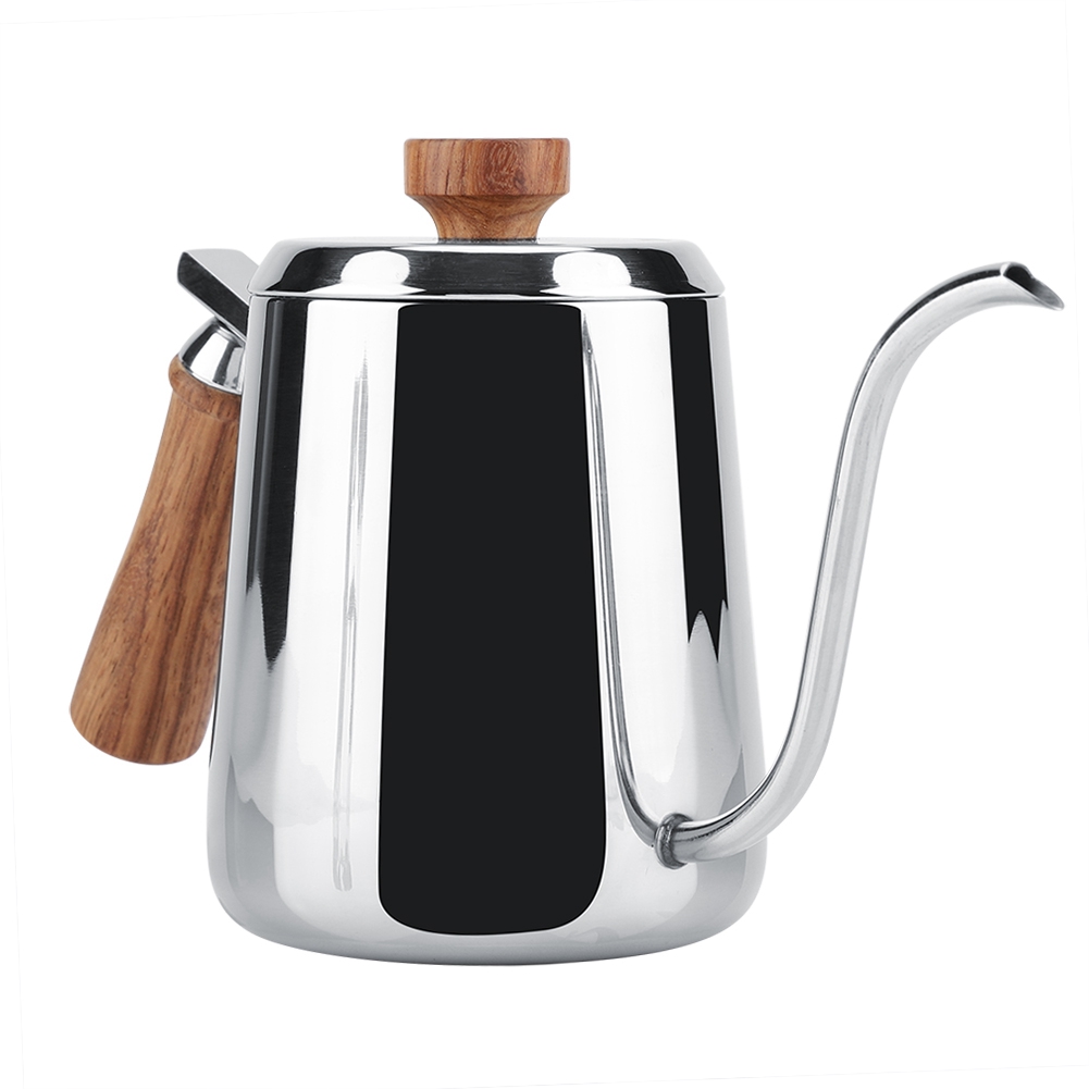 Kaffeekanne Mit Holzgriff Aus Edelstahl 304, Langer Schwanenhalsausguss (600 Ml)