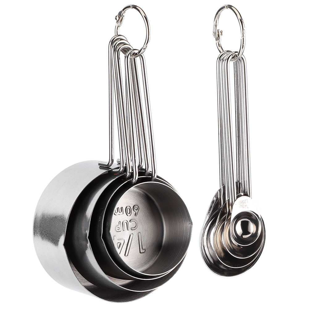8-teiliges Set Messbecher Und -löffel Aus Edelstahl Mit Skala, Küchenzubehör Zum Kochen Und Backen, Silber