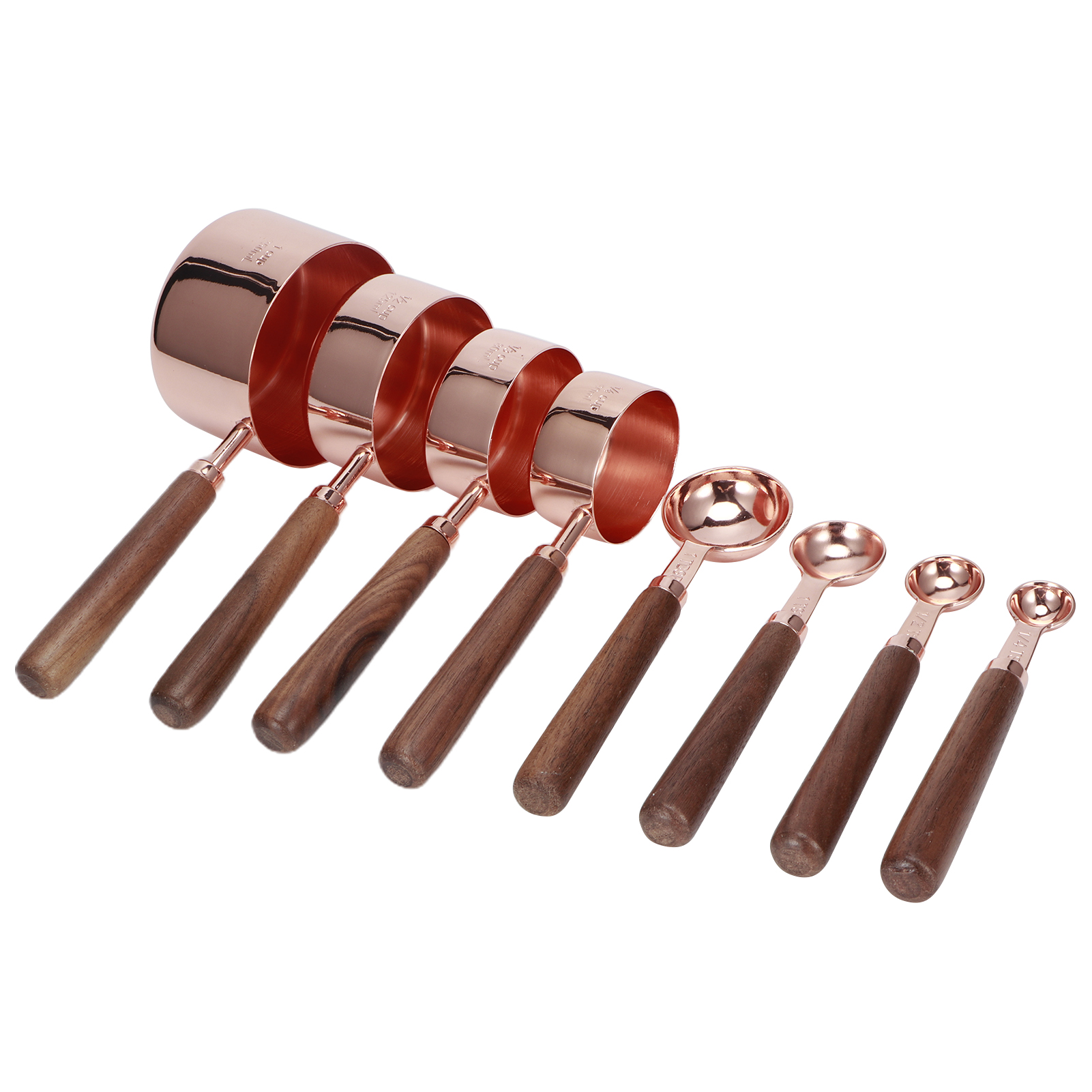 8-teiliges Messlöffel-set Aus Roségoldenem Edelstahl Mit Holzgriffen – Küchen- Und Backzubehör