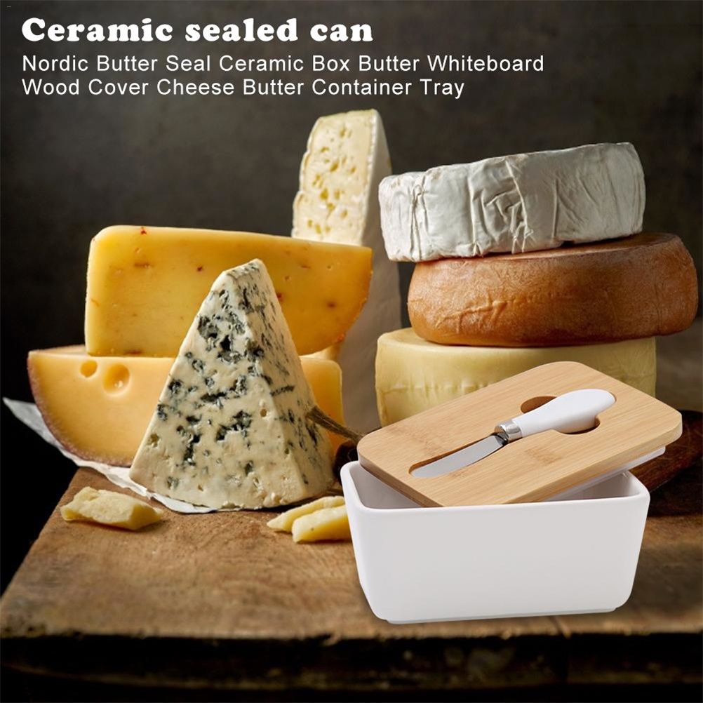 Keramik-butterdose Mit Holzdeckel Und Messer, Butter- Und Käseschale, Aufbewahrungsbehälter.