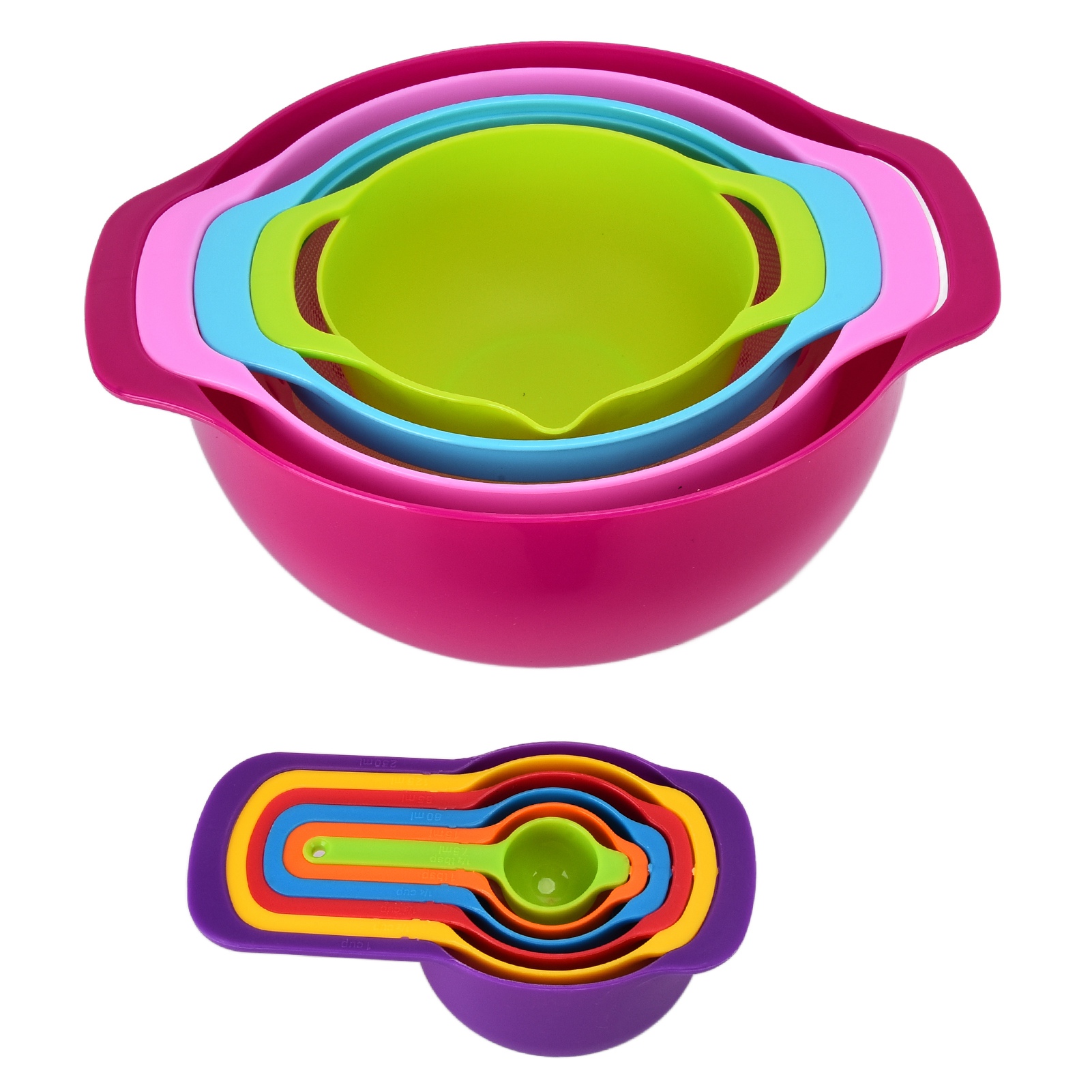 Set Mit 10 Regenbogen-messlöffeln, Backmessschüsseln, Reissieb, Salatteller, Messbecher