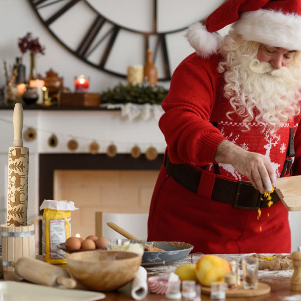 Nudelholz Aus Holz Mit Weihnachtlichem Rentiermotiv, Graviertes Nudelholz Für Kekse, Plätzchen Und Teig, Festliches Dekorationswerkzeug