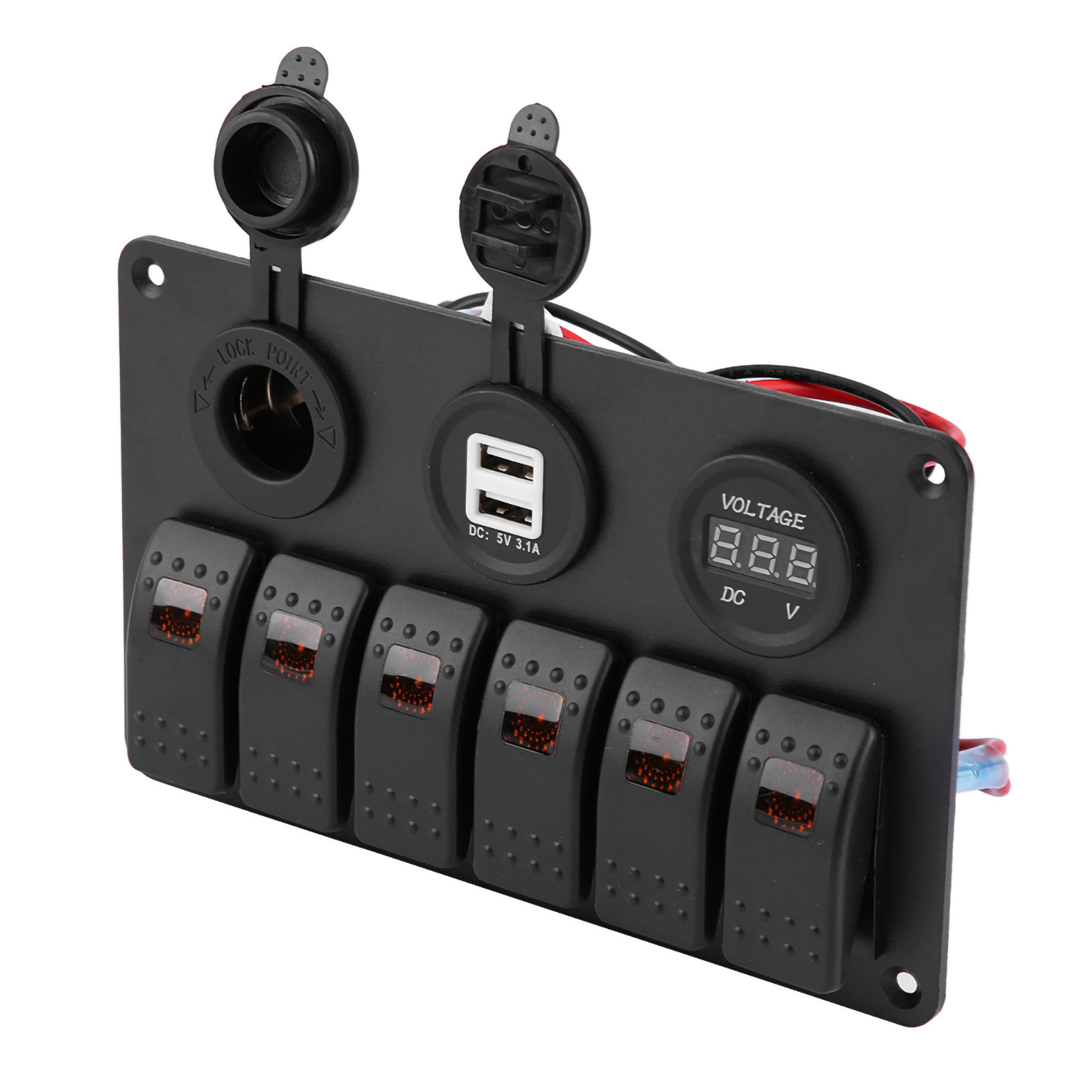 6-fach 12v/24v Led-wippschalterpanel Für Boot/auto, Mit Zwei Usb-anschlüssen, Voltmeter, Zigarettenanzünder, Orange