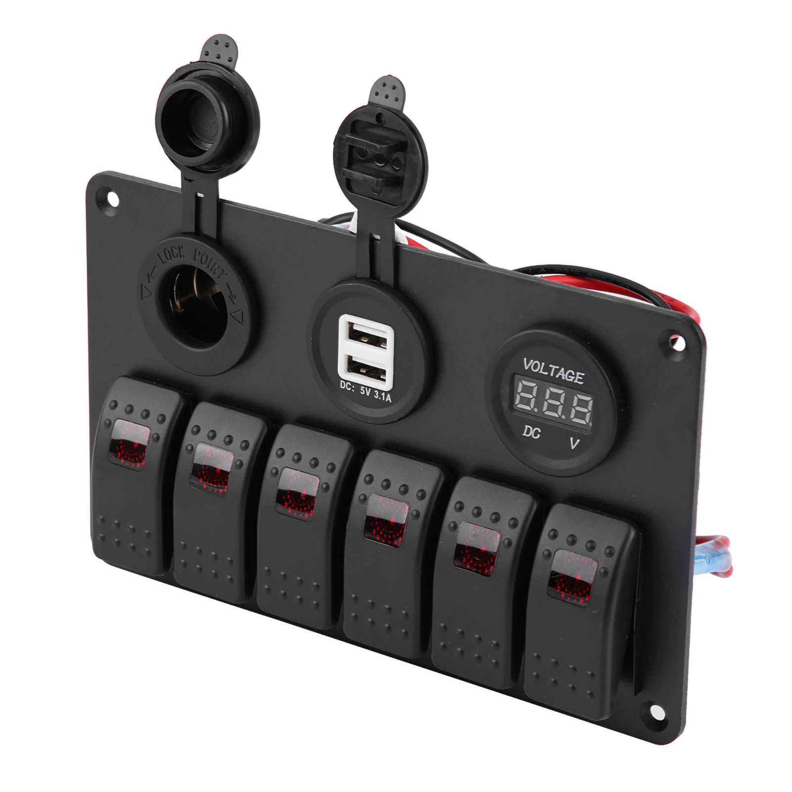 6-fach Schalterfeld Mit Roten Leds, 12v/24v, Für Boote, Autos Und Den Einsatz Auf See, Mit Dualem Usb-voltmeter Und Zigarettenanzünderadapter.