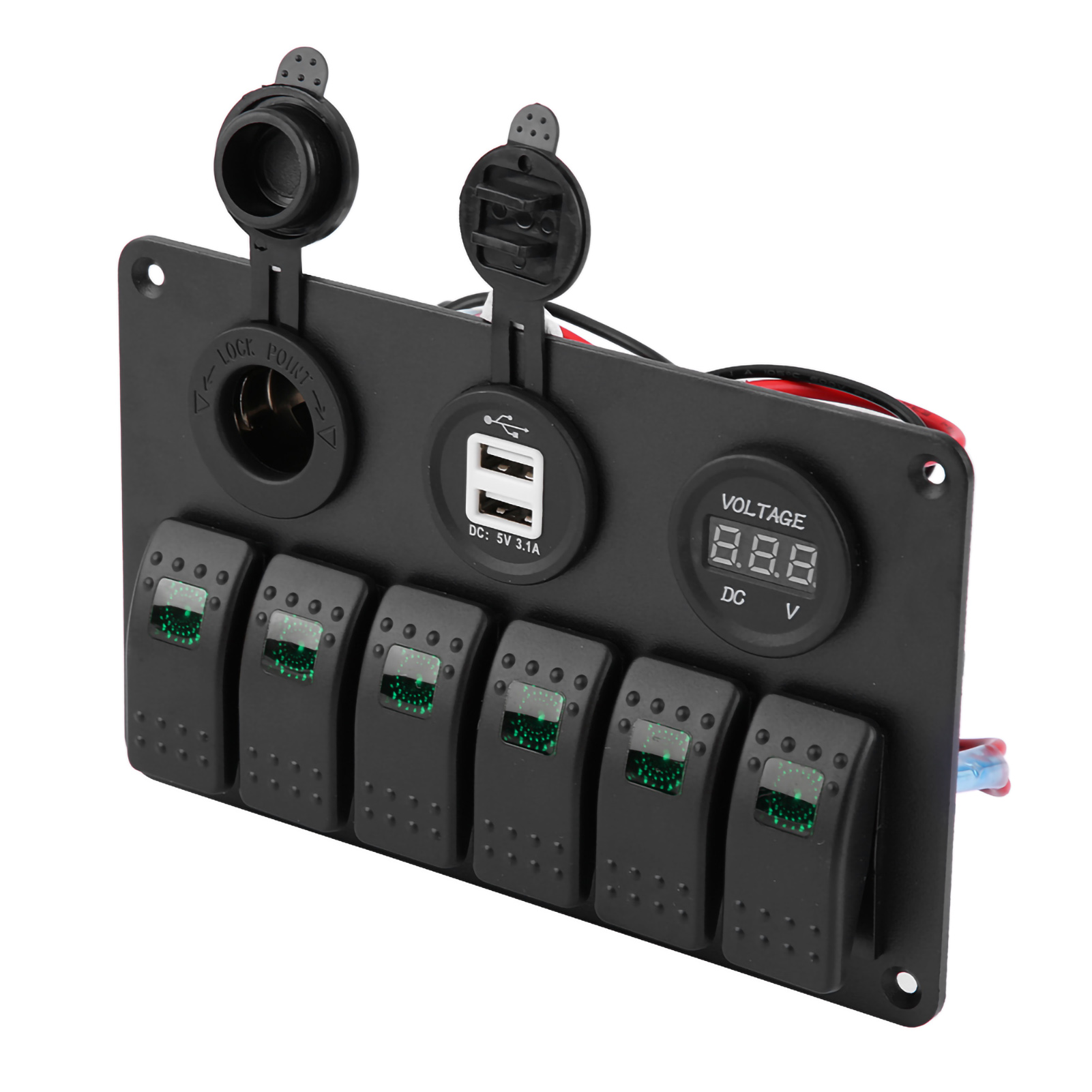 12v/24v Led-wippschalterpanel Mit 6 Schaltern Für Boot/auto, Mit Zwei Usb-anschlüssen, Voltmeter Und Zigarettenanzünderanschluss (grün)