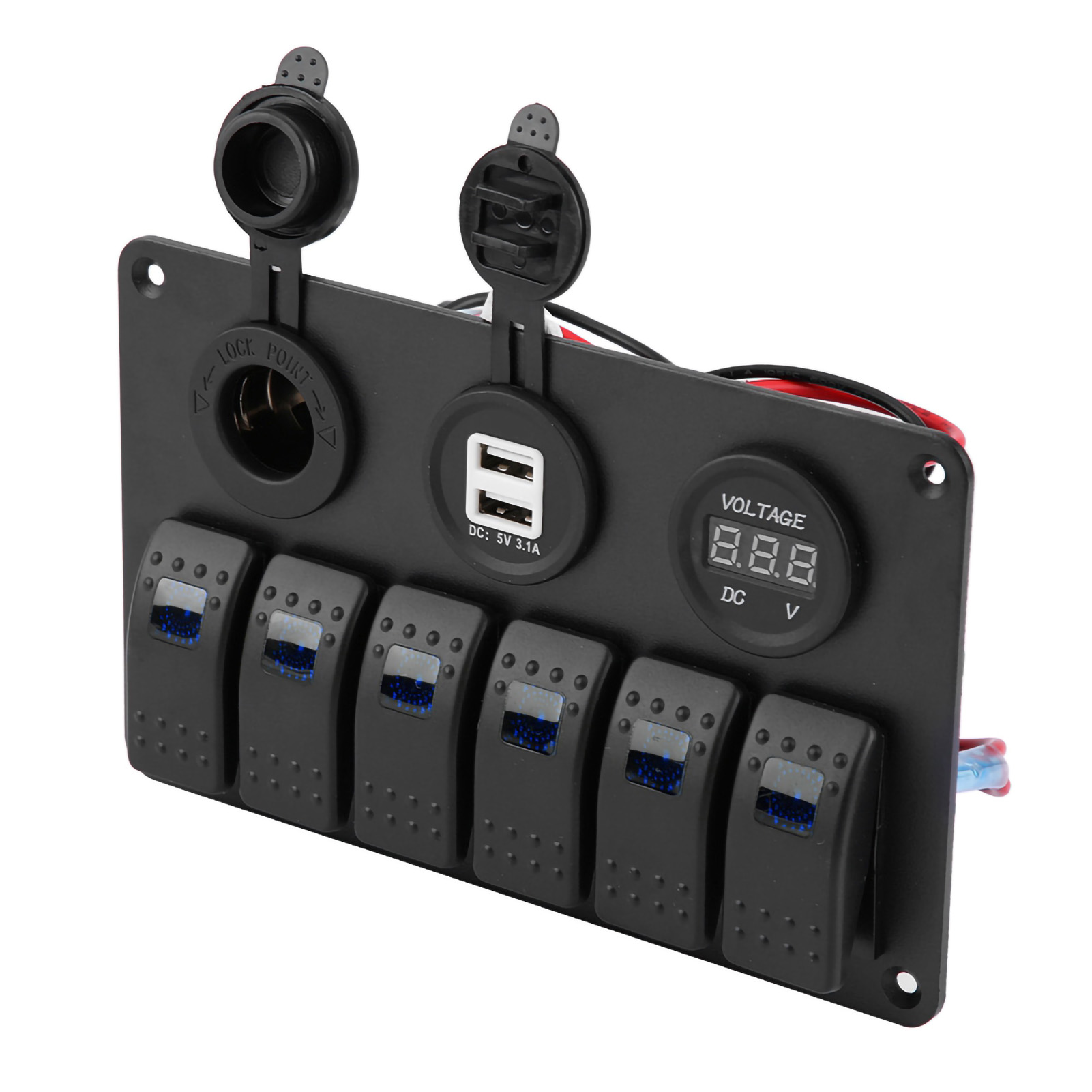 12v/24v Blaue Led 6-schalter-wippschalterpanel Für Boot/auto, Mit Zwei Usb-anschlüssen, Voltmeter Und Zigarettenanzünderanschluss