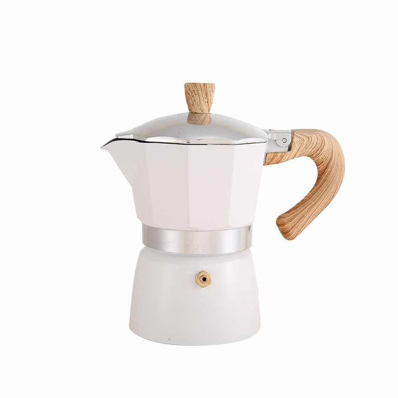150-ml-aluminium-kaffeekanne Mit Holzgriff, Tragbare Mokkakanne Für Den Außenbereich, Beigefarbenes Kaffeezubehör