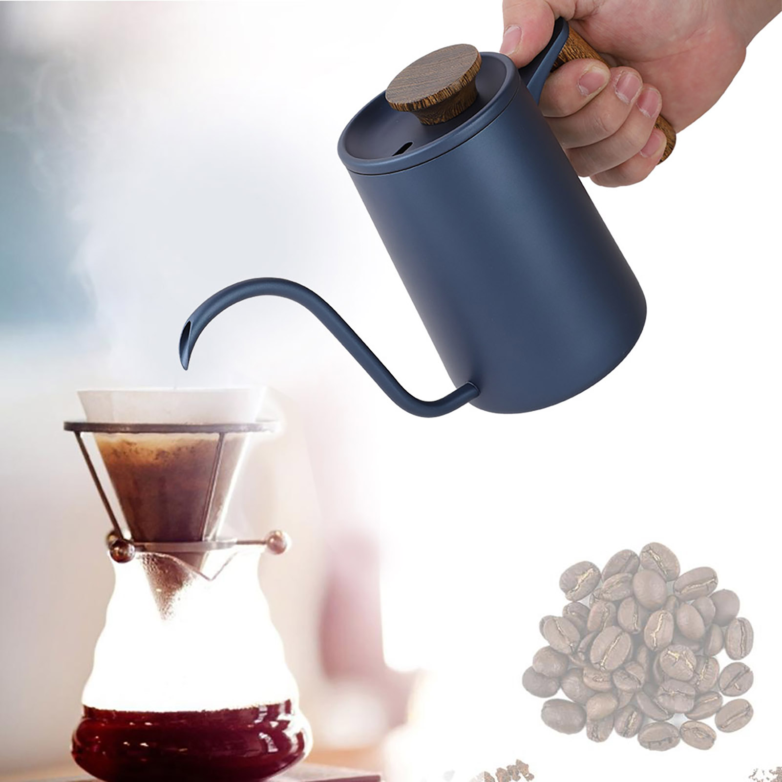 600 Ml Kaffeekanne Mit Edelstahlgriff Und Langem Schwanenhalsausguss (blau)