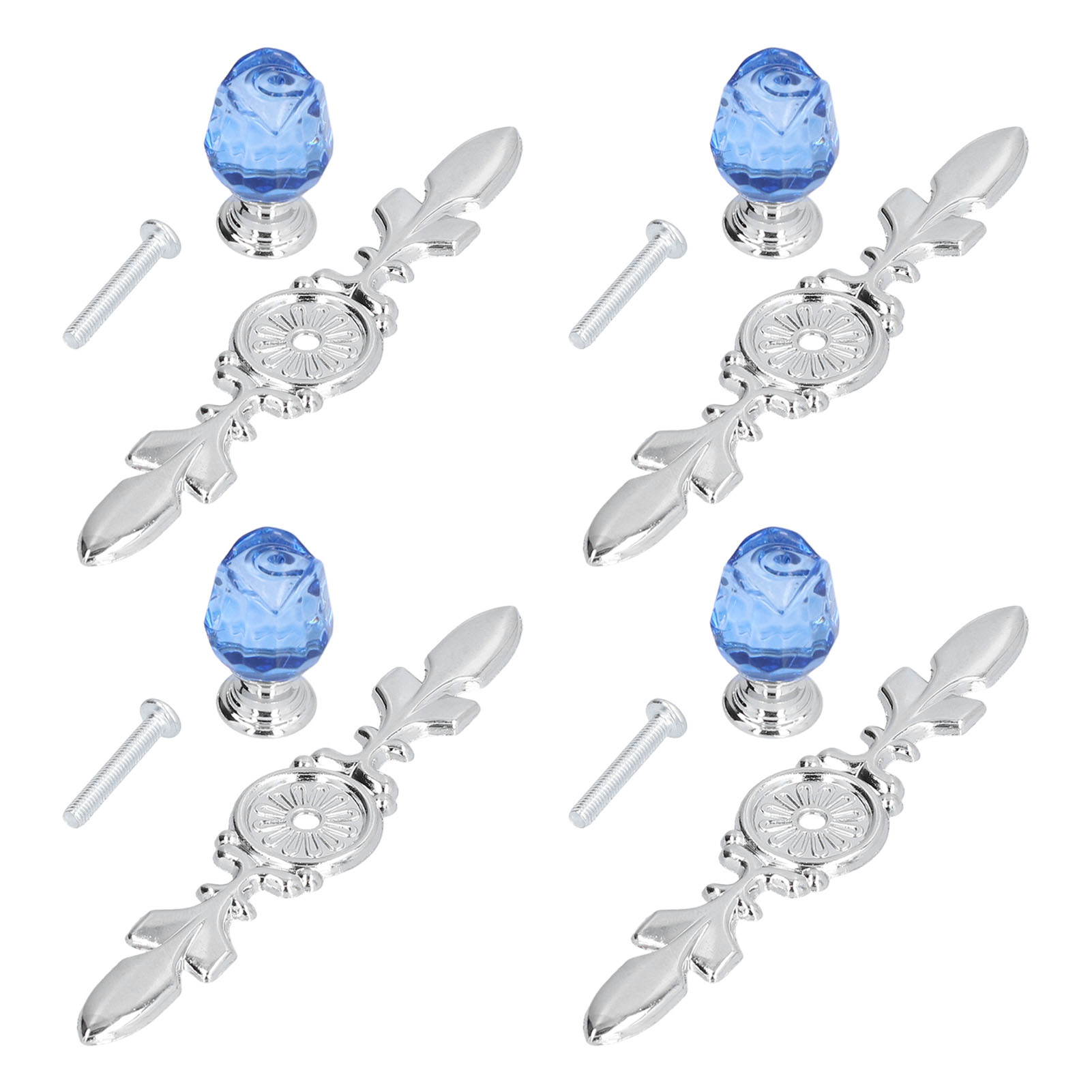 4 Sets Kristallgriffe Mit Bodenplatte Für Schubladen, Schränke Und Küchen, Moderner Und Schlichter Europäischer Stil, Rosenmuster, Einlochig, Blau