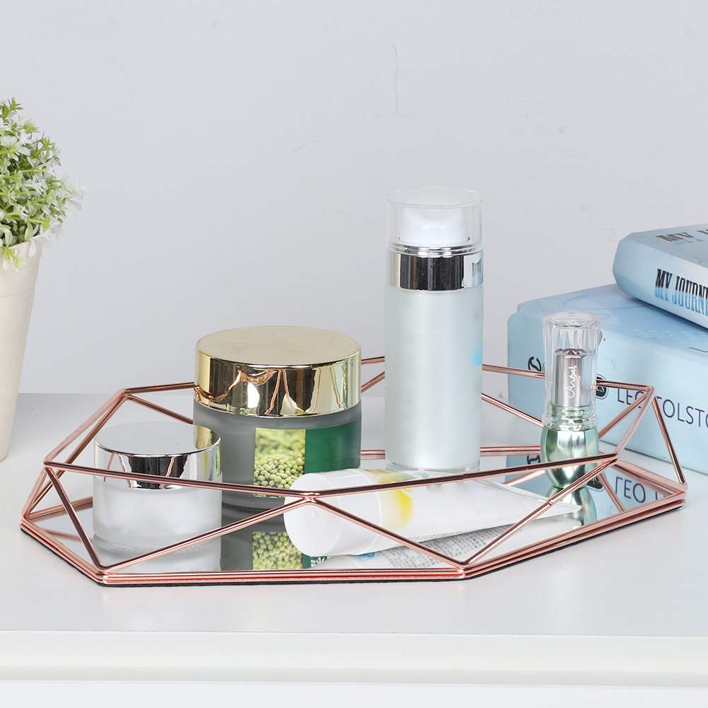 Badezimmer-sechseckspiegel, Metall, Gold, Kosmetik- Und Schmuckaufbewahrungstablett, Box, Teller