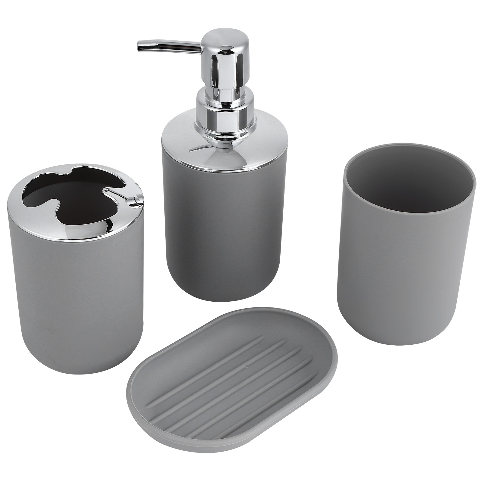 4-teiliges Badezimmer-set Mit Zubehör: Plastikflasche, Aufbewahrungsbecher, Spülbecher, Seifenschale, Grau