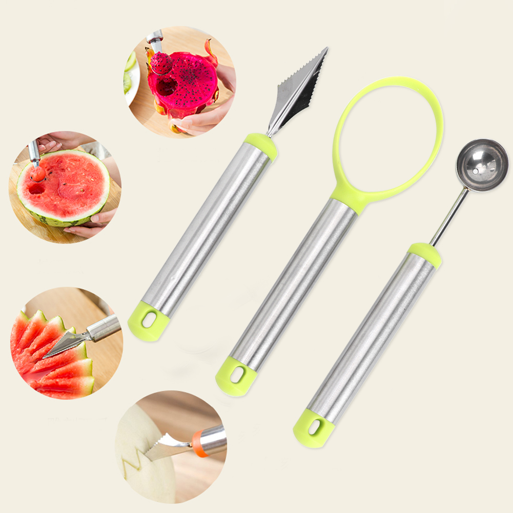 3-teiliges Multifunktions-fruchtschnitzgerät, Wassermelonenausstecher, Melonenentferner, Fruchtfleisch- Und Kernentferner (3-teiliges Set, Grün/silber)